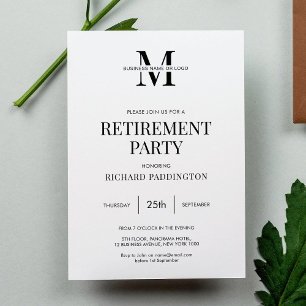 Minimalistisk enkel svart och vit Pension Party Inbjudningar