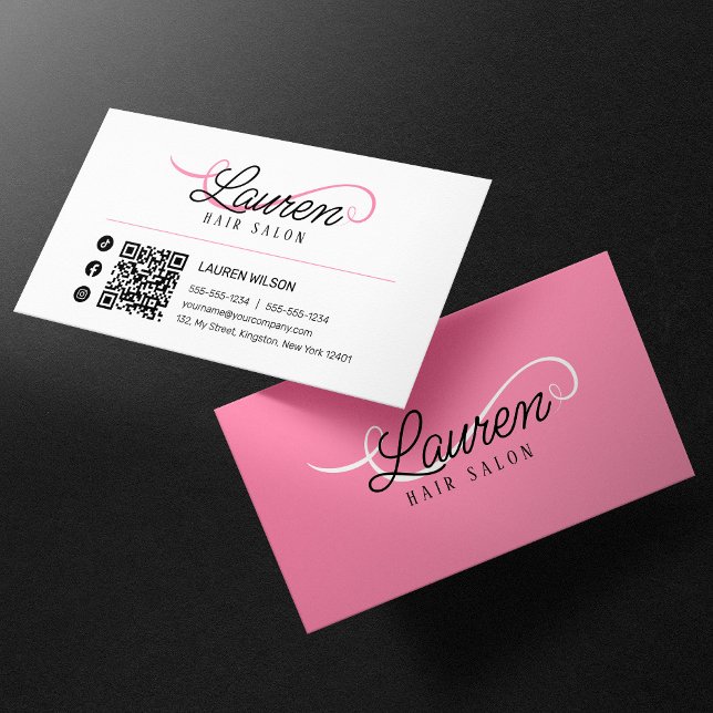 Minimalistisk Enkel Vit Rosa Frisör QR-kod Visitkort (Skapare uppladdad)
