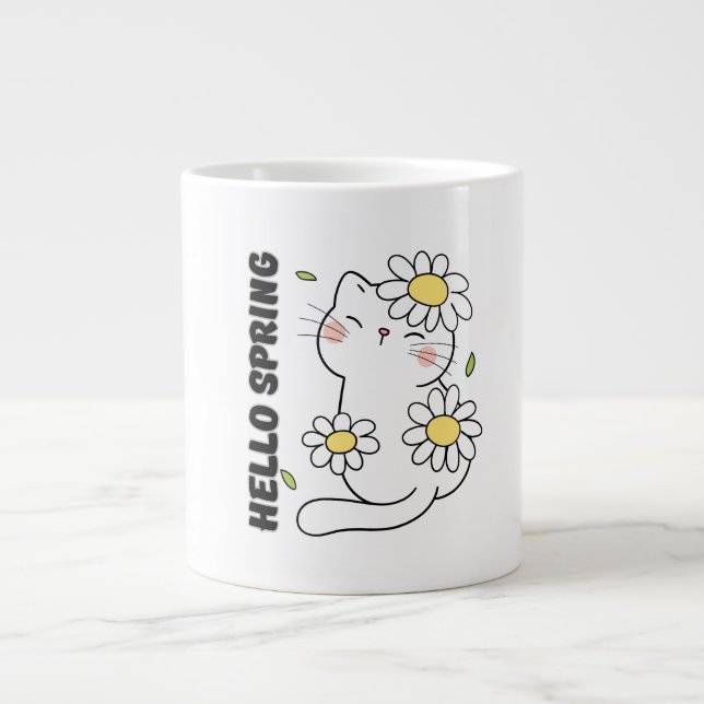 Minimalistisk estetisk Hello Spring Katt & Tusensk Jumbo Mugg (Framsidan)
