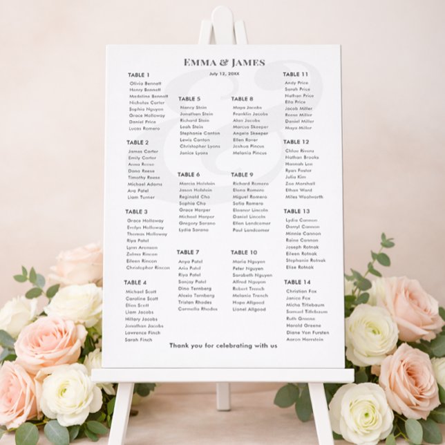 Minimalistisk et-tecken-hjälte bröllop | 14 Bordpl Poster (Modern wedding stationery set featuring invitations, RSVP cards, and a floral seating chart display.)