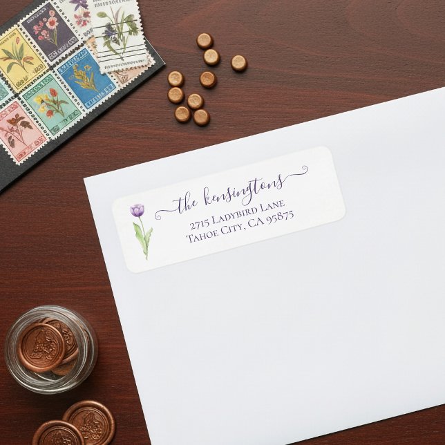 Minimalistisk etikett för djup Lila, enkeltrådigt  Returadress Etikett (Minimalist Deep Purple Single Tulip Return Address Labels)