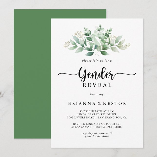 Minimalistisk Eucalyptus Gender Reveal Party Inbjudningar (Fram/baksida)