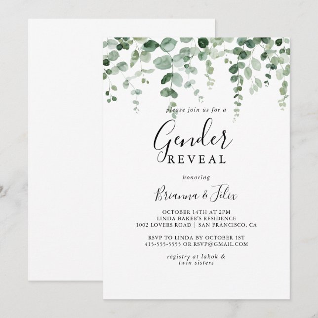 Minimalistisk Eucalyptus Gender Reveal Party Inbjudningar (Fram/baksida)
