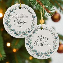 Minimalistisk eukalyptus Baby Första jul Julgransprydnad Keramik