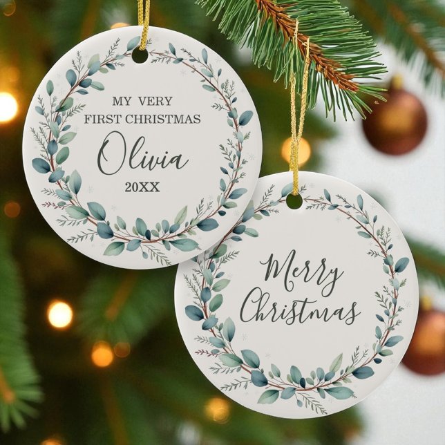 Minimalistisk eukalyptus Baby Första jul Julgransprydnad Keramik (Skapare uppladdad)