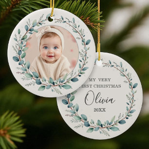 Minimalistisk eukalyptus Baby Första julfoto Julgransprydnad Keramik