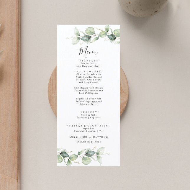 Minimalistisk eukalyptus Löv Elegant bröllop Meny (Eucalyptus Greenery Wedding Menu Card)