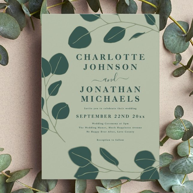 Minimalistisk eukalyptus Löv Grönt Bröllop Inbjudningar (Modern minimalist leaf sage green wedding invitation with stylish elegant typography )