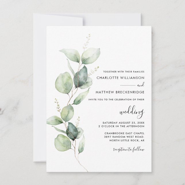 Minimalistisk eukalyptus-skript Bröllop Inbjudningar (Framsida)