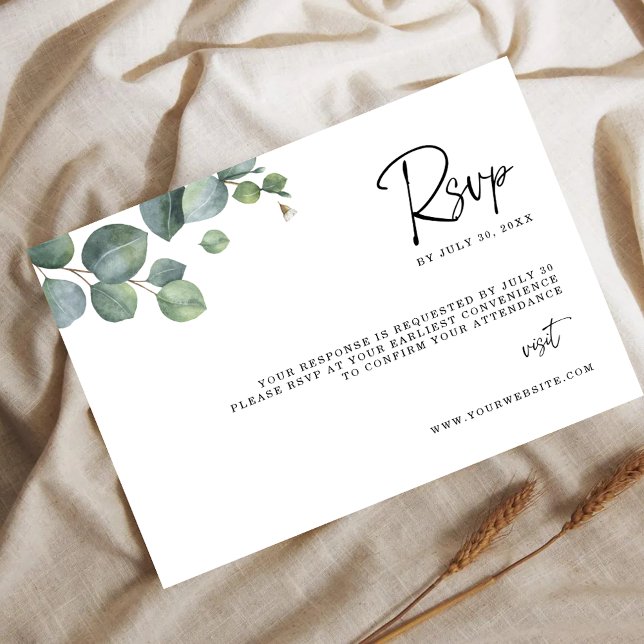 Minimalistisk Eukalyptusblad RSVP Bröllopskort Spara Datumet (Skapare uppladdad)