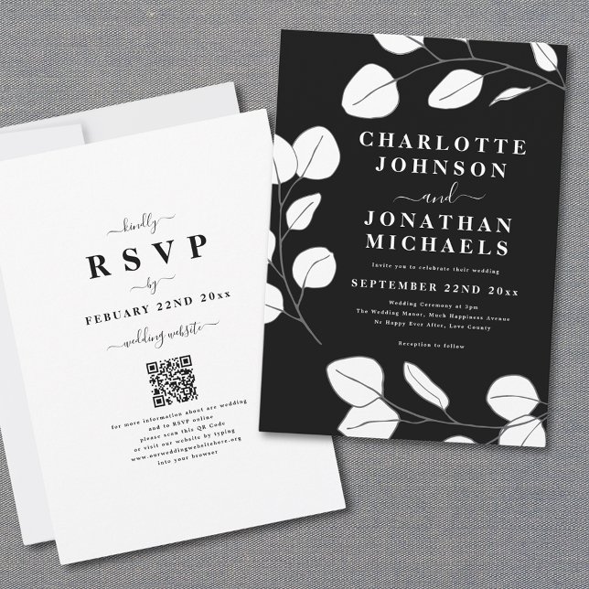 Minimalistisk Eukalyptusblad Svart-vit Bröllop Inbjudningar (Modern Stylish elegant minimalist leaf black and white wedding invitation with online rsvp QR code)