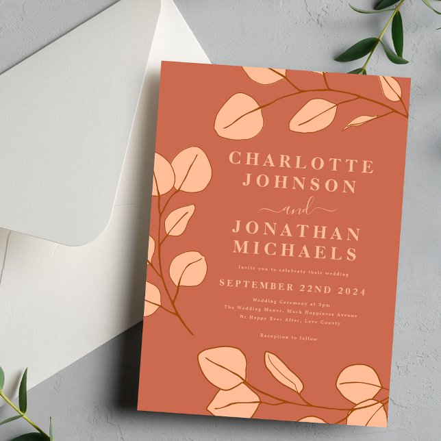 Minimalistisk Eukalyptusblad Terrakotta Höstbröllo Inbjudningar (Modern simple leaves peach fuzz wedding invitation with elegant typography )