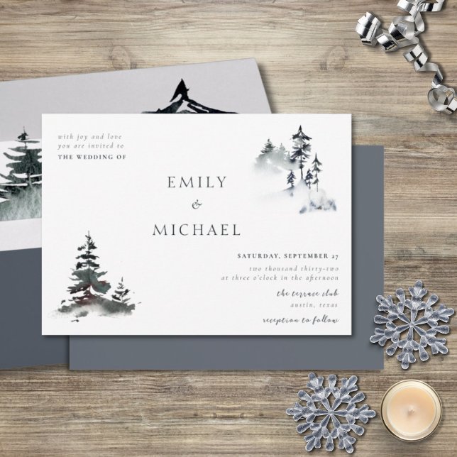Minimalistisk Evergreen Mountain Grönt Slate Blue  Inbjudningar (Skapare uppladdad)