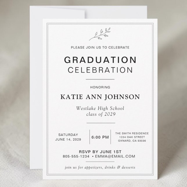 Minimalistisk examensfirande inbjudan (Minimal graduation celebration invitation with black typography, thin border, and botanical leaf)