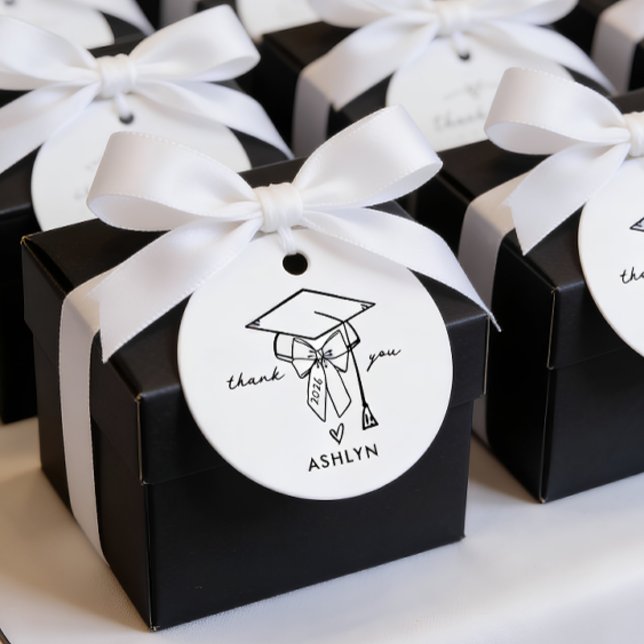 Minimalistisk examenshatt med bow anpassad gåvor etiketter (Cap and Bow Graduation Favor Tags)