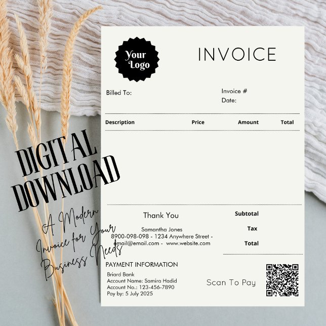 Minimalistisk fakturasäljvaruinleverans för mindre kort (client invoice service invoice form business quotation scan to pay qr code, digital download)