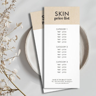 Minimalistisk falsk kraftvit prislista för hudvård reklamkort