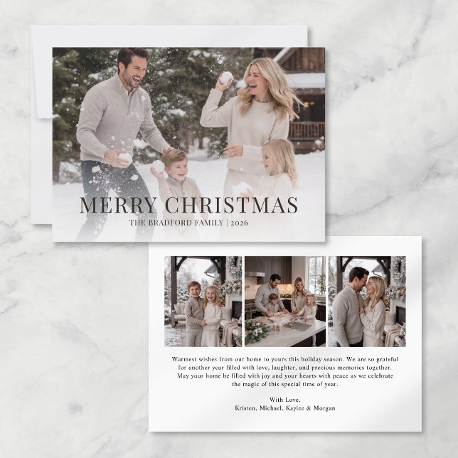 Minimalistisk familjefotokollage julkort (minimal merry christmas photo collage holiday card with family name, year and personal message)