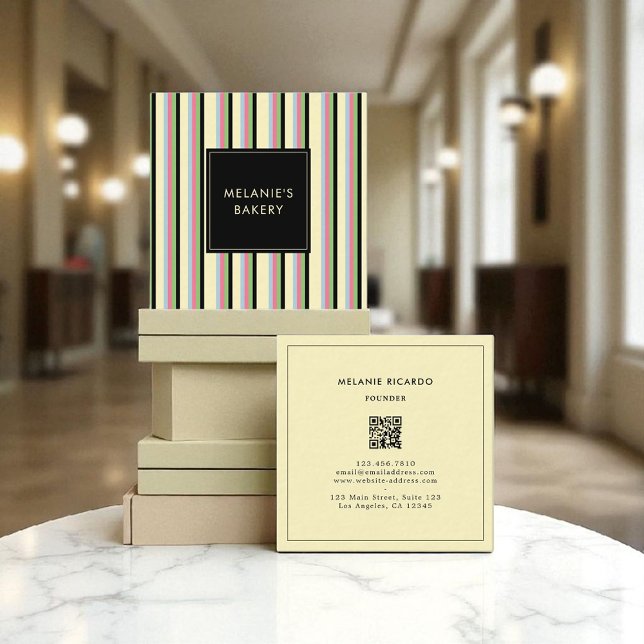 Minimalistisk färgfull Rand Retro QR-kodbageri Fyrkantigt Visitkort (Skapare uppladdad)