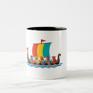 Minimalistisk färgrik Viking långbåt rodd på blå Två-Tonad Mugg