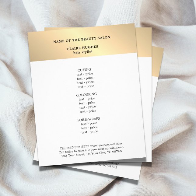 Minimalistisk Faux Guld White Beauty Salon Menu Flygblad (Skapare uppladdad)