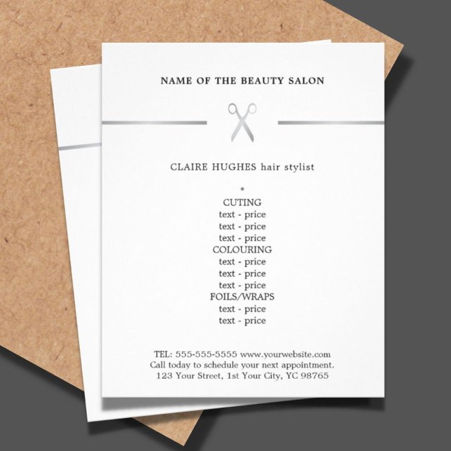 Minimalistisk Faux Silver Scissor Hairstylist Menu Flygblad (Skapare uppladdad)