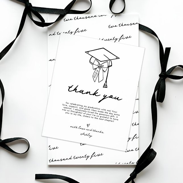Minimalistisk Feminint Hatt Examen Tack Kort (Bow and Cap Graduation Thank You Card | Feminine Graduation Thank You Card)