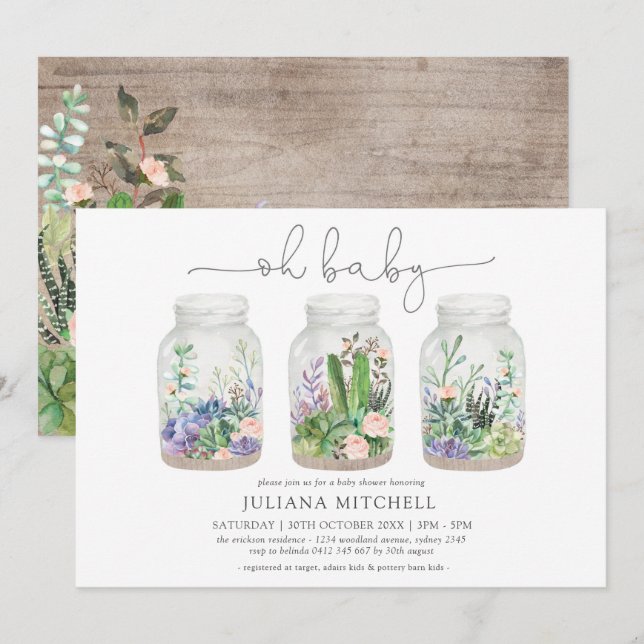 Minimalistisk Fiesta Terrarium Succulum Baby Showe Inbjudningar (Fram/baksida)