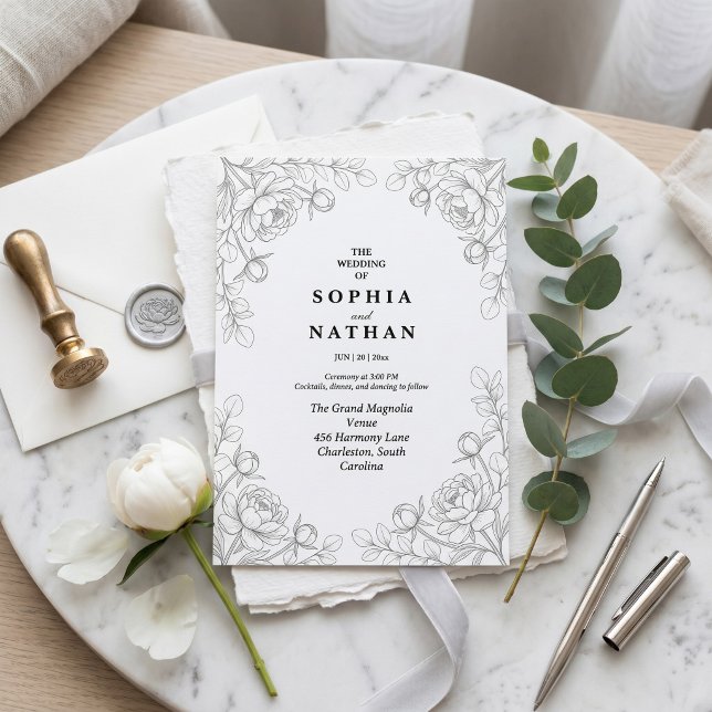 Minimalistisk Fin Linje Blommig Bröllopsinbjudan Inbjudningar (Skapare uppladdad)