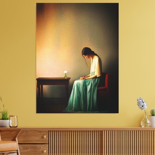 Minimalistisk flicka med blommaväggkonst – Känslom Canvastryck (Insitu (Vardagsrum))