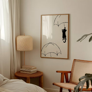 Minimalistisk flygande svart katt med paraply Mode Poster