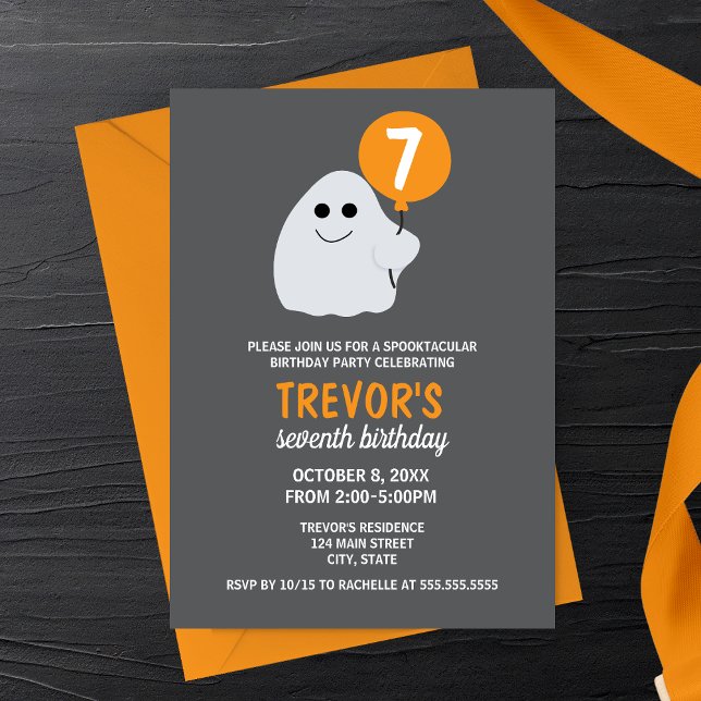 Minimalistisk födelsedagsinbjudan till tecknad ser inbjudningar (Orange Minimalist Cartoon Ghost Halloween Birthday Party Invitation)