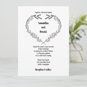 Minimalistisk Foliage Open Heart Black White Bröll Inbjudningar