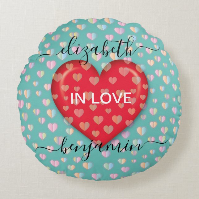 Minimalistisk Förälskad Hjärtan med hjärtfläckar Rund Kudde (Framsidan)