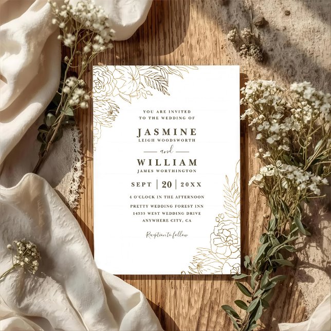 Minimalistisk förgylld linje blomsterguld QR-kod b Inbjudningar (Skapare uppladdad)