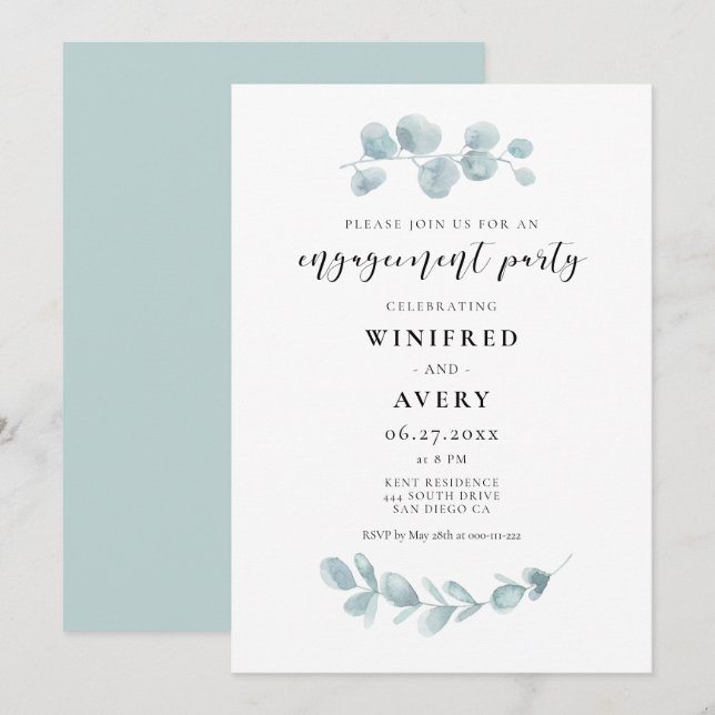 Minimalistisk Förlovningsfest av vattenfärgsgrön Inbjudningar (Fram/baksida)