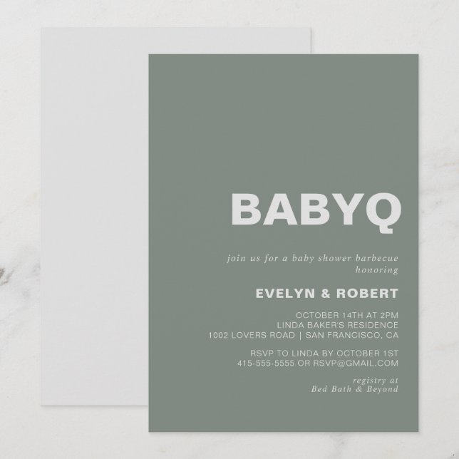 Minimalistisk formell Grönt BabyQ Baby Shower Barb Inbjudningar (Fram/baksida)