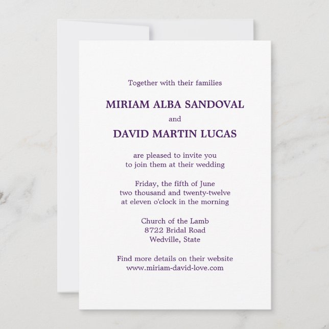 Minimalistisk formell lila text bröllopsinbjudan inbjudningar (Framsida)
