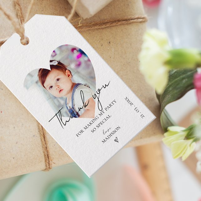 Minimalistisk första Födelsedagsfest - tack Presentetikett (Minimalist Photo First Birthday Party Thank you Gift Tags)