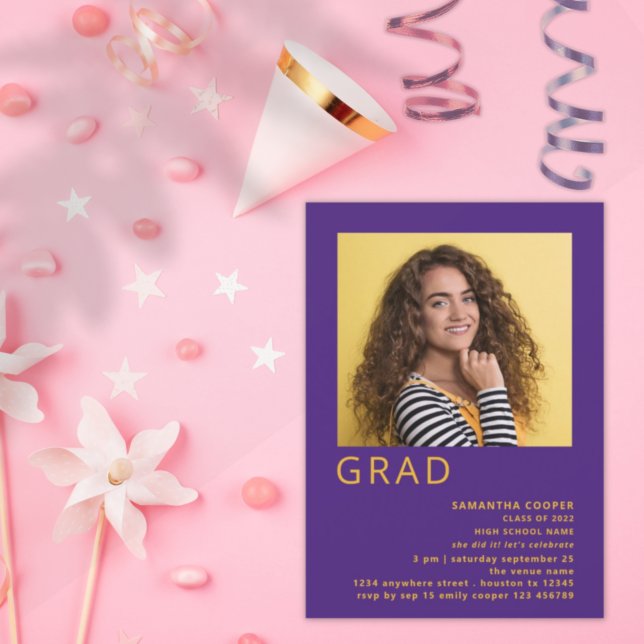 Minimalistisk foto 2022 Studenten Lila Gult Inbjudningar (Skapare uppladdad)