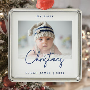 Minimalistisk Foto Bebis Första Julen Marinblå Julgransprydnad Metall