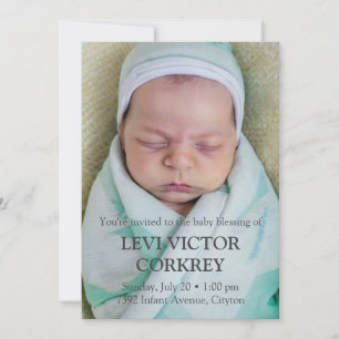 Minimalistisk Foto + Grå Text Babysegen Inbjudningar