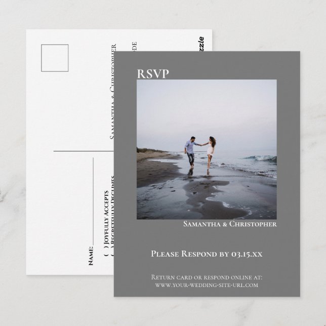 Minimalistisk Foto Modern Enkel Grå Bröllops-RSVP Vykort (Fram/baksida)