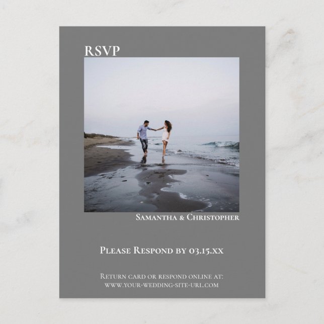 Minimalistisk foto modern enkel grå bröllops-RSVP Vykort (Framsida)