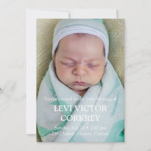 Minimalistisk Foto + Vit Text Babysegen Inbjudningar