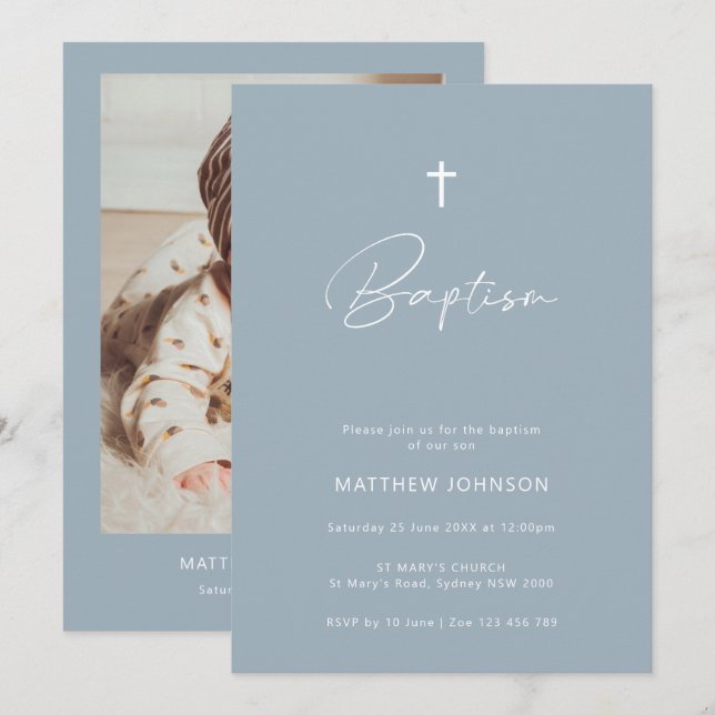 Minimalistisk fotoblå dobaptism-döpning inbjudningar (Fram/baksida)