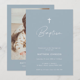 Minimalistisk fotoblå dobaptism-döpning inbjudningar