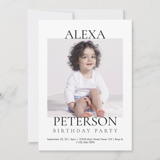 Minimalistisk fotofödelsedag inbjudningar (Framsida)