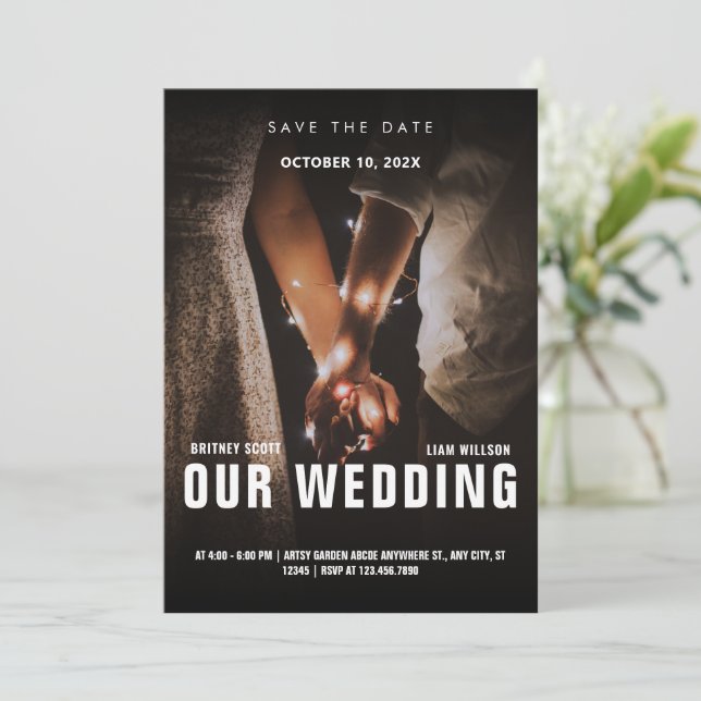 Minimalistisk fotoromansbröllop  spara datumet (Stående Fram)