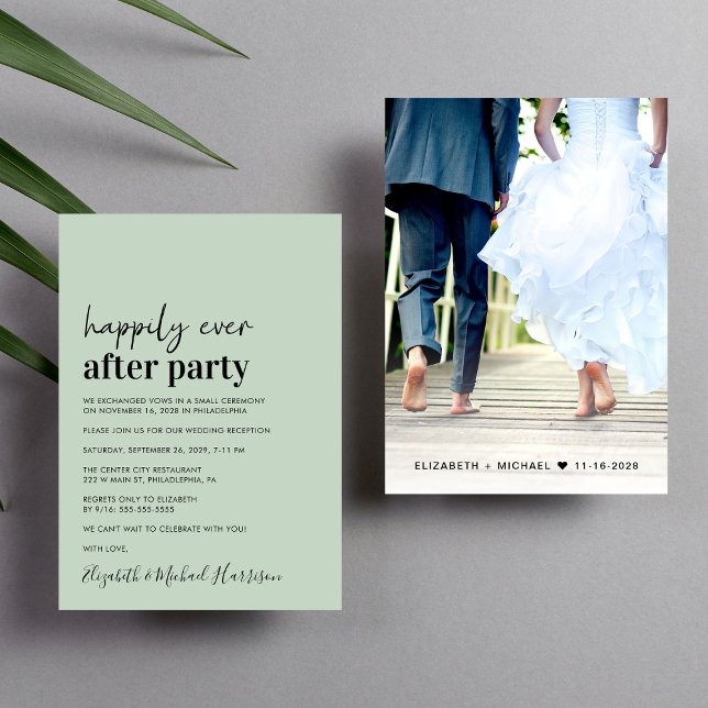 Minimalistisk fotosage bröllopsfestinladan meddelande (An chic Happily Ever After Party invitation for your wedding celebration)